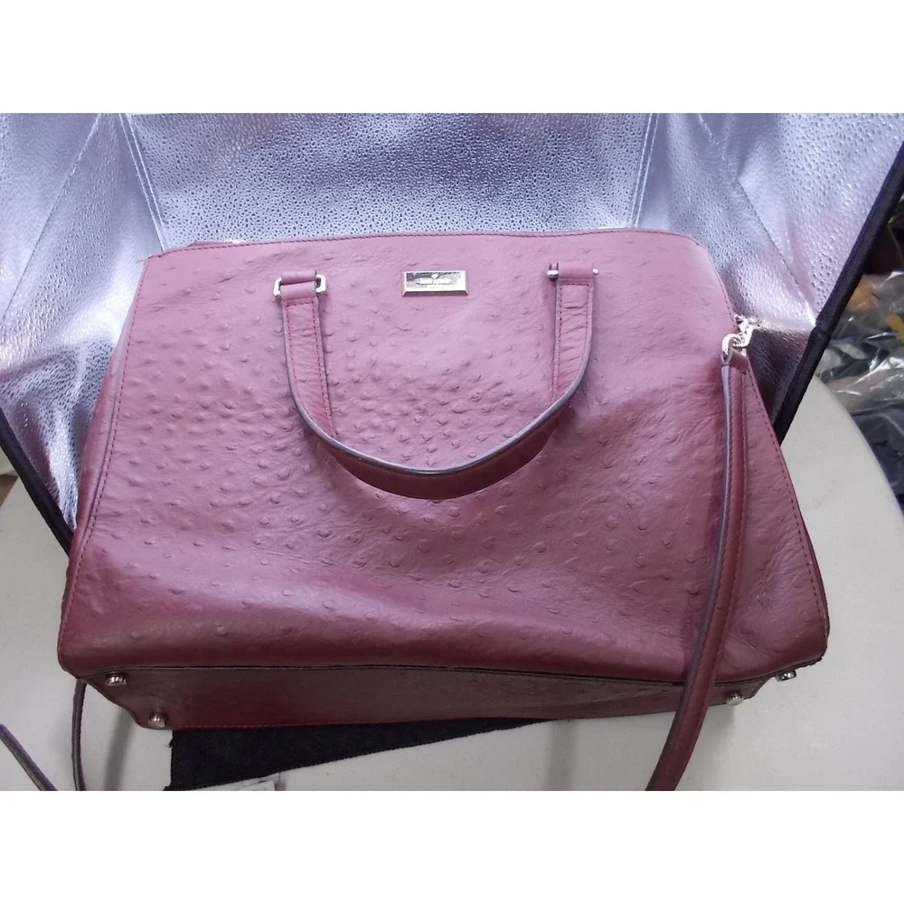 Kate Spade Ostrich Embossed Leather Satchel Burgundy Triple Zip Handbag